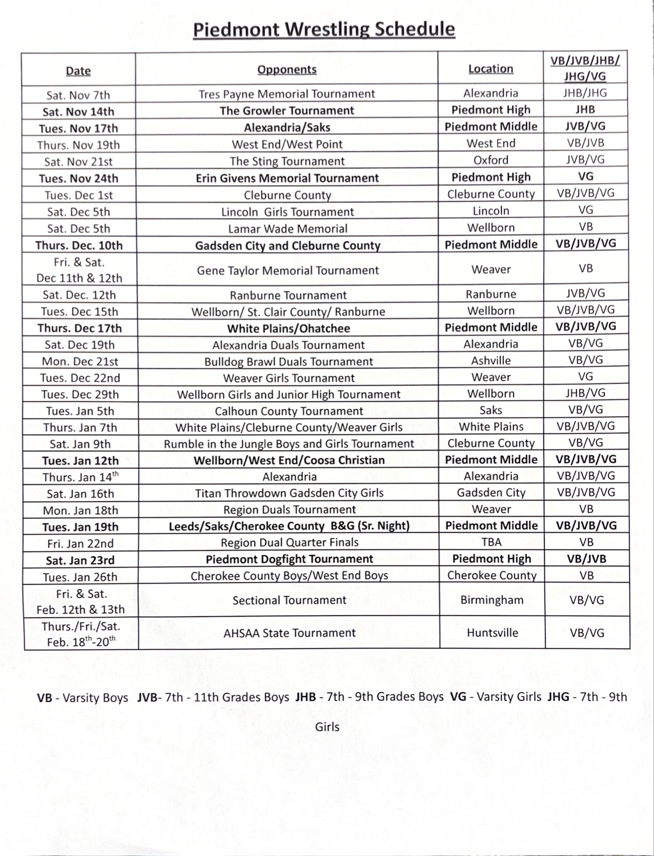 Wrestling Schedule