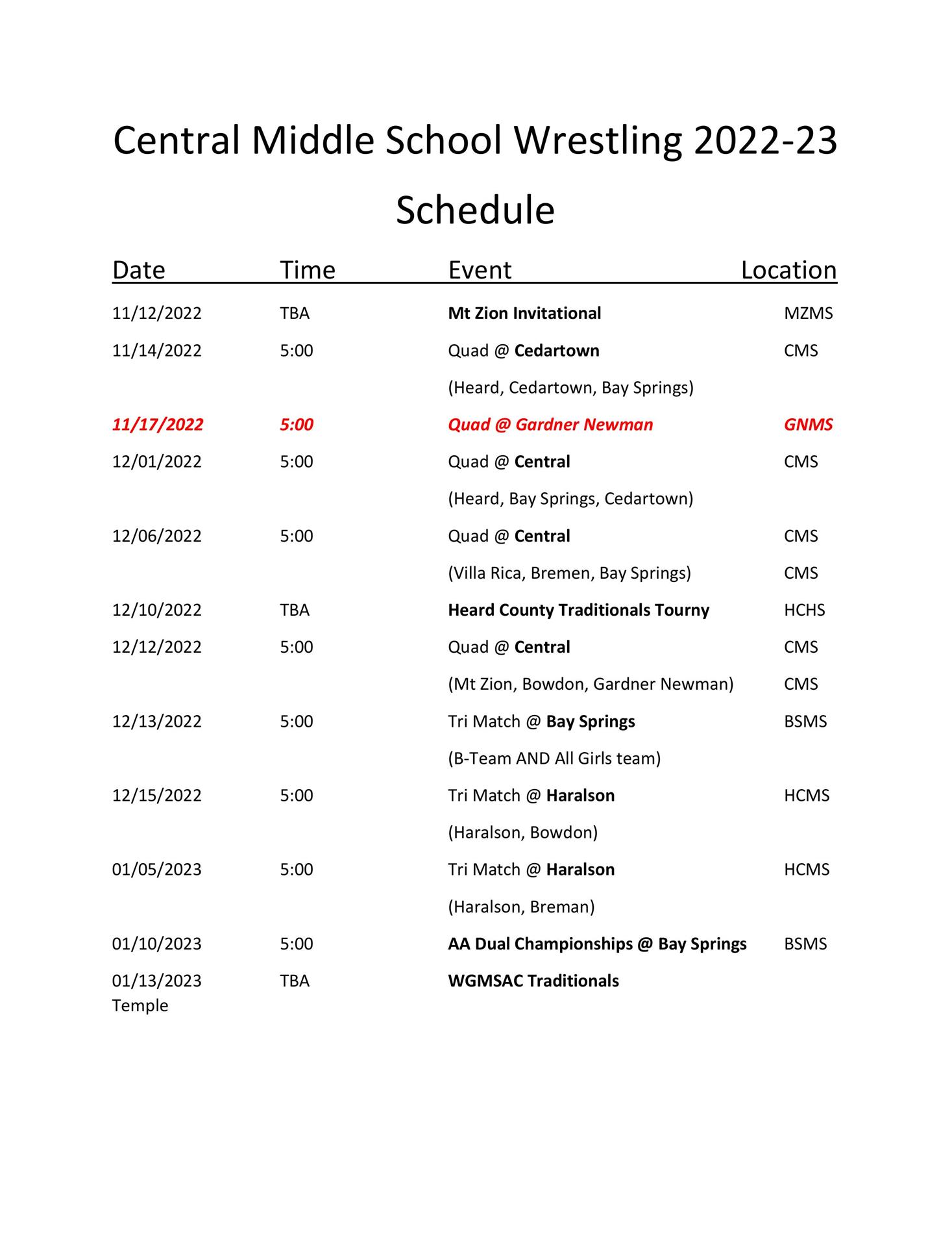 Wrestling Schedule