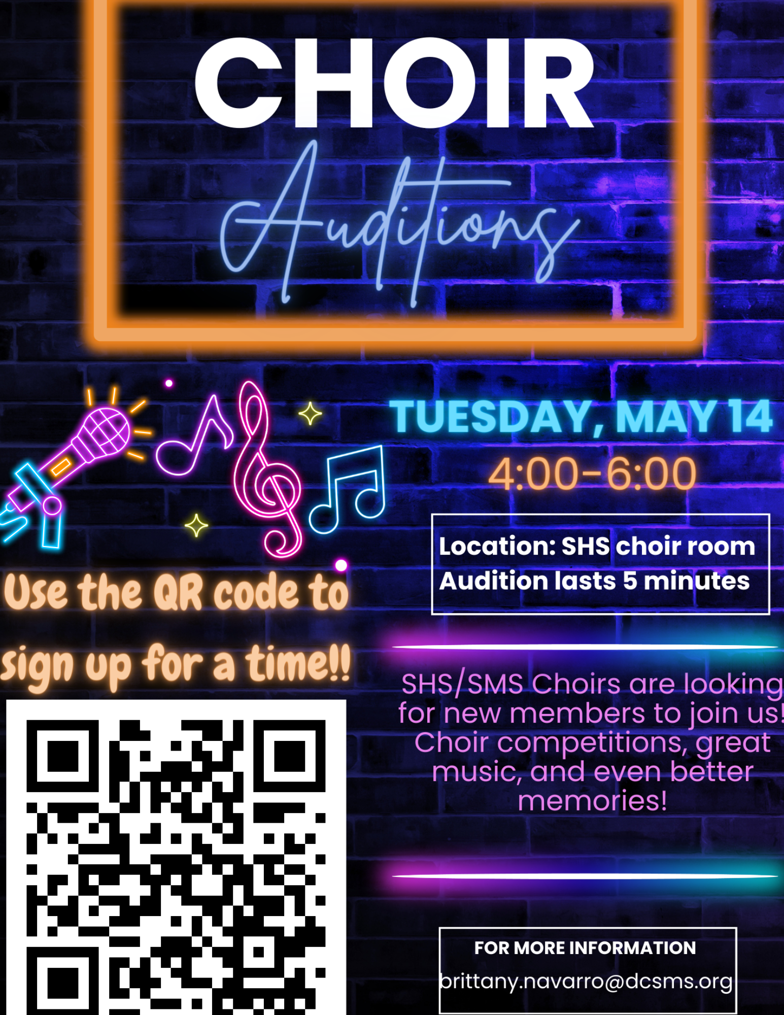 SHS will be hosting their choir auditions on May 1th from 4:00 p.m. -6:00 p.m. Auditions will in the SHS choir room and last for 5 minutes.
