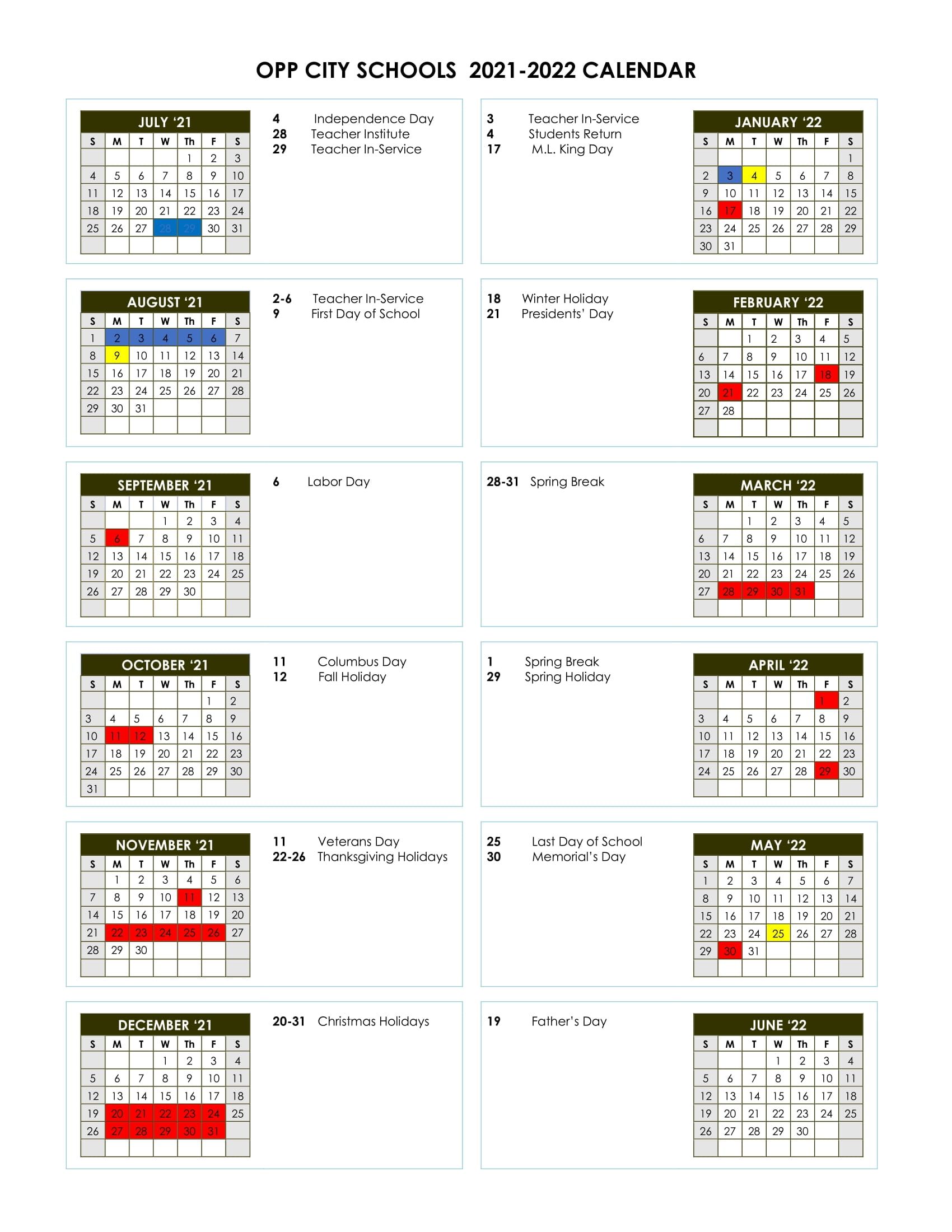 Opp City Schools Calendar 2021 - 2022
