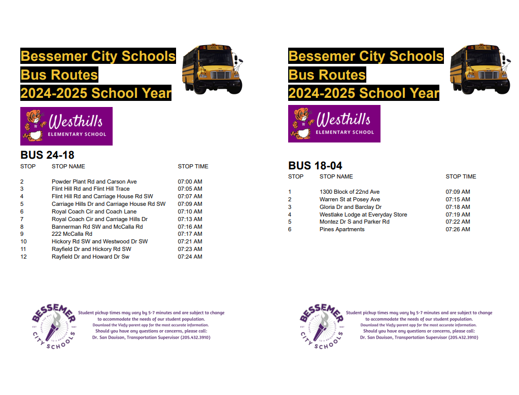 Westhills Elementary Bus routes