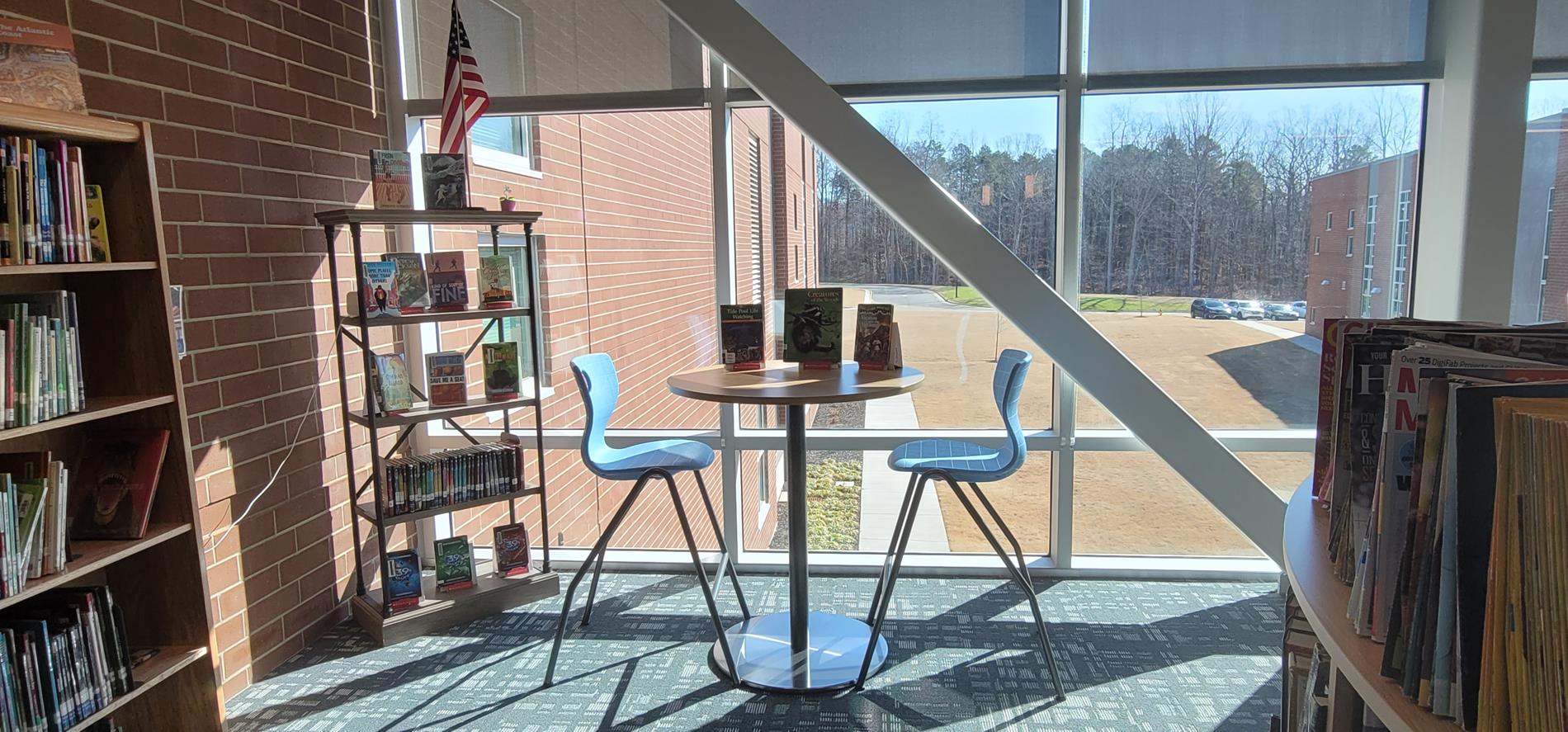 One corner of the Media Center where you can find a new book, sit at a cafe table and look at the beautiful view.