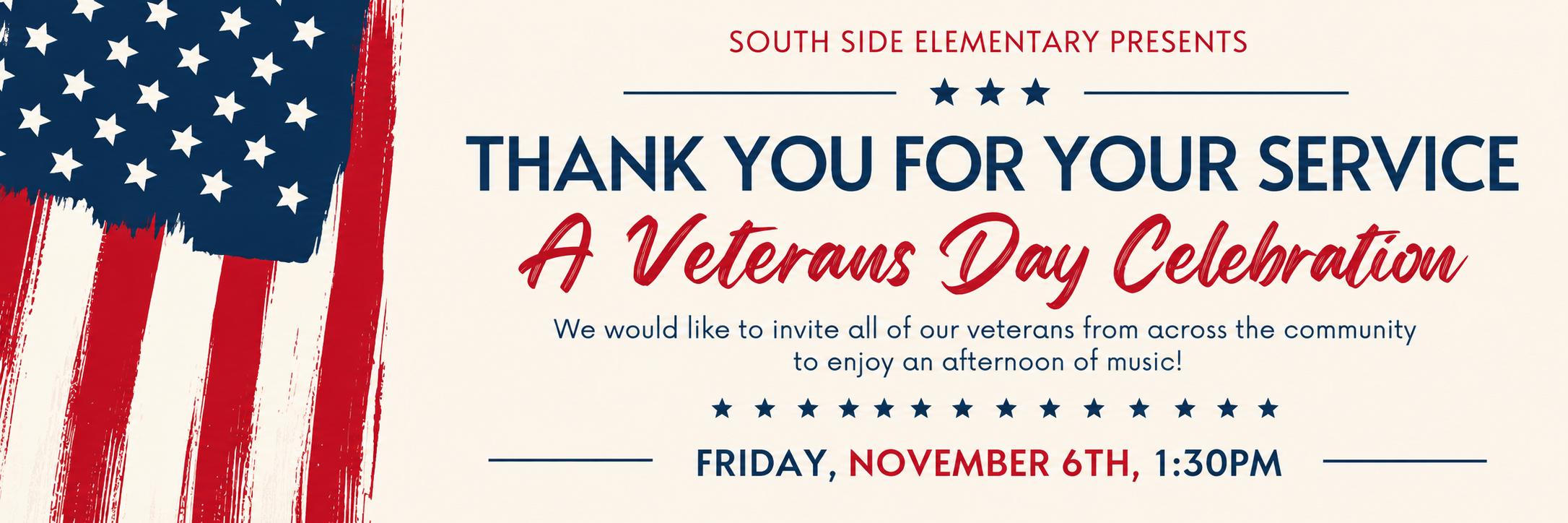 South Side Elementary Veterans Day Celebration flyer inviting community veterans to attend on Friday, November 6 at 1:30 p.m. for an afternoon of music and appreciation.