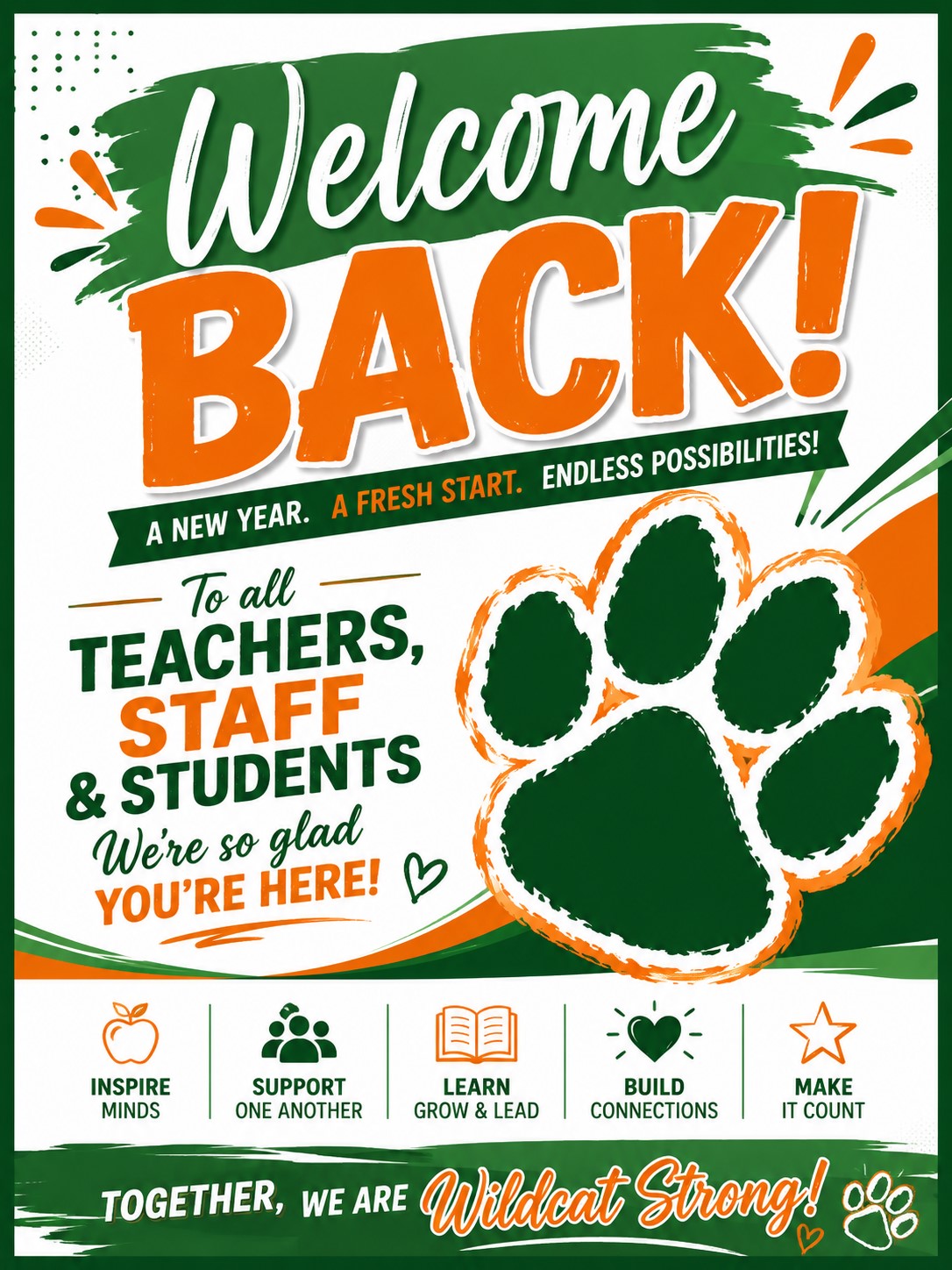 Green, orange and white flyer welcoming the teachers, staff and students back to school