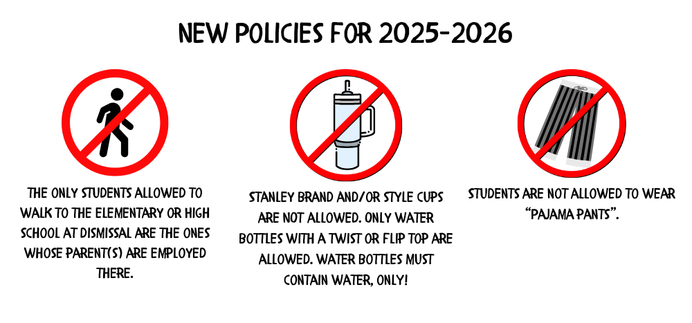 Reminders 25-26 Clear water bottles ONLY, NO pajama pants, and ONLY students with parents at WHS or WES may walk after school