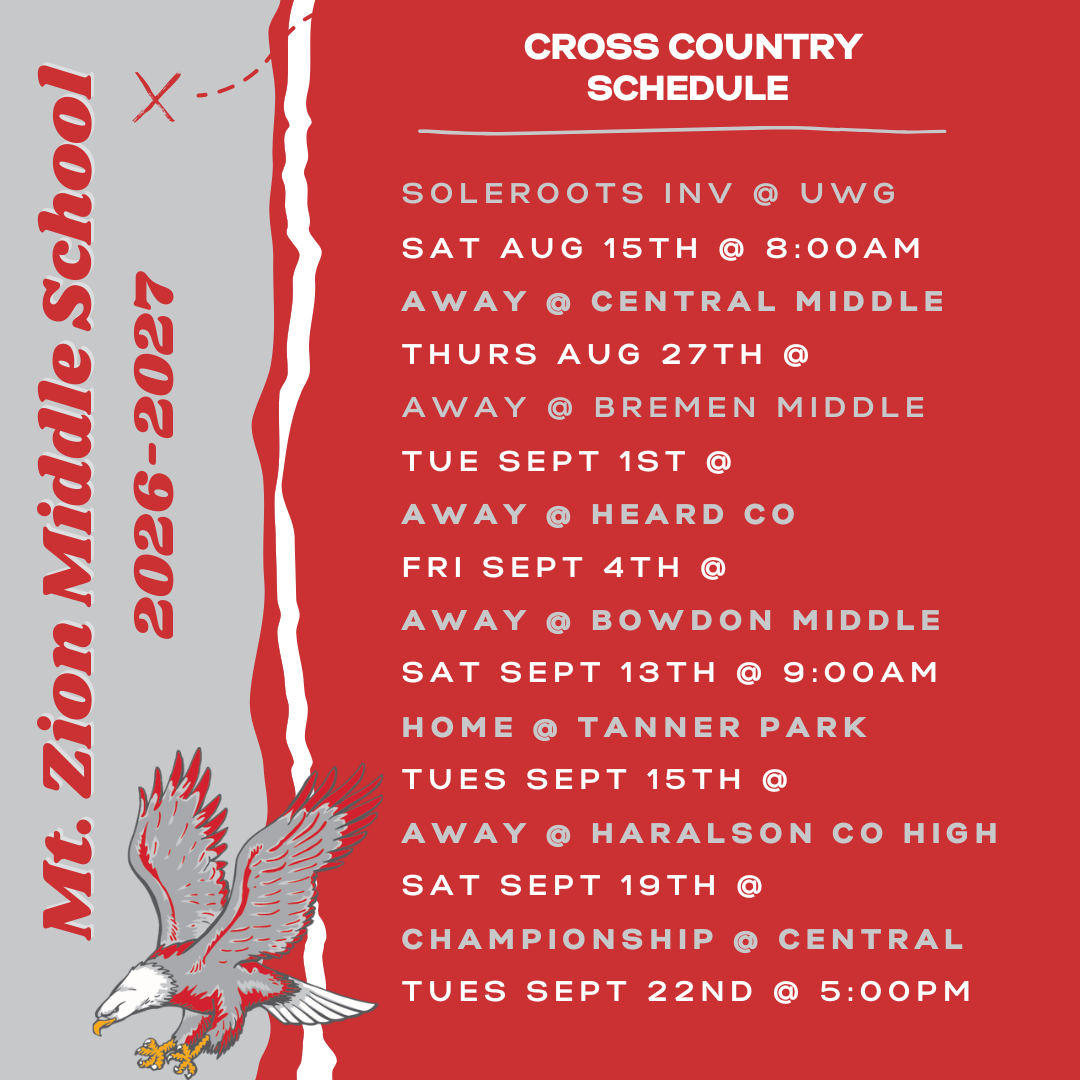 2026-2027 Cross Country Schedule; Soleroots Inv @ UWG — Sat Aug 15th @ 8:00 AMAway @ Central Middle — Thurs Aug 27thAway @ Bremen Middle — Tue Sept 1stAway @ Heard Co — Fri Sept 4thAway @ Bowdon Middle — Sat Sept 13th @ 9:00 AMHome @ Tanner Park — Tues Sept 15thAway @ Haralson Co High — Sat Sept 19thChampionship @ Central — Tues Sept 22nd @ 5:00 PM