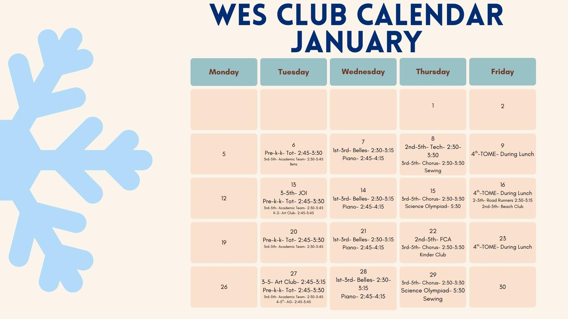 January Club Calendar