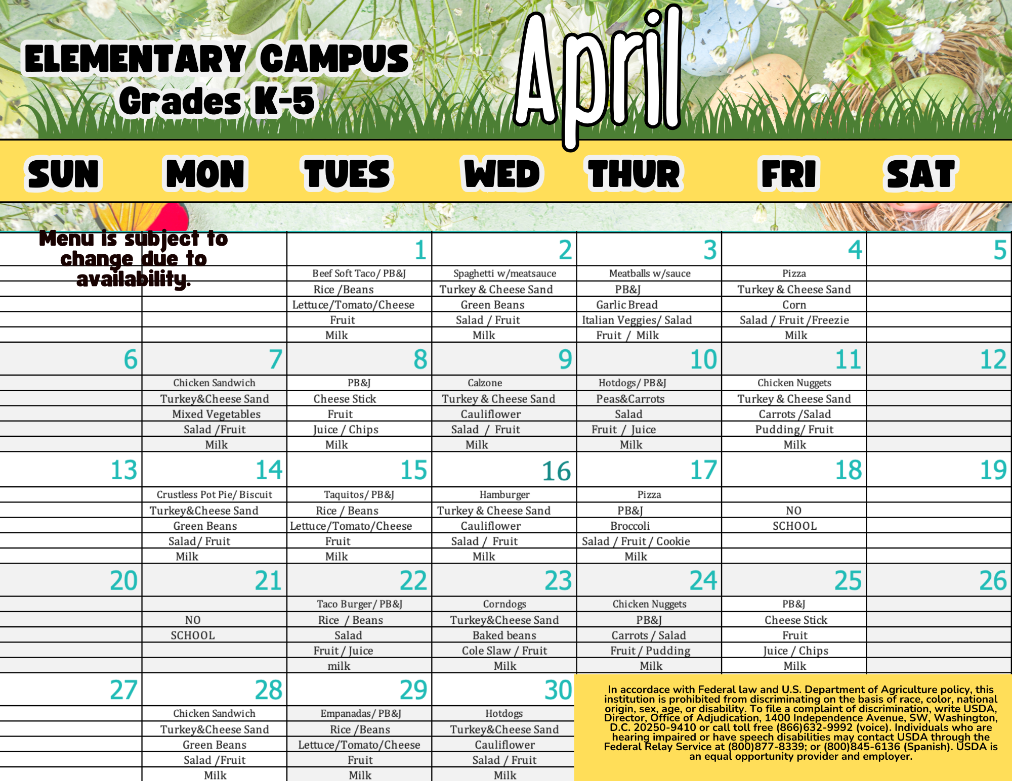 Elementary April Lunch
