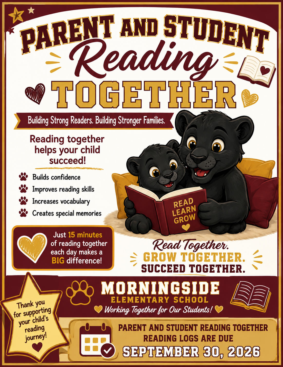 Parent and Student Reading Together Logs are due on September 30th