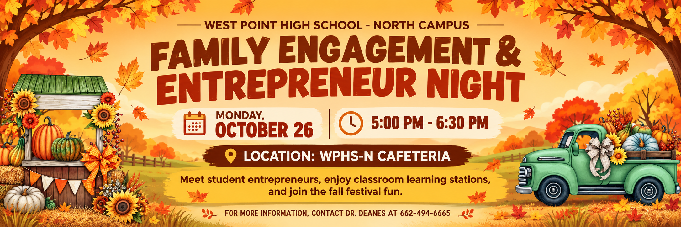Fall-themed flyer for WPHS–North Campus Family Engagement & Entrepreneur Night on October 26 from 5:00 to 6:30 p.m. in the school cafeteria, featuring student entrepreneur booths, classroom learning stations, and fall festival activities.