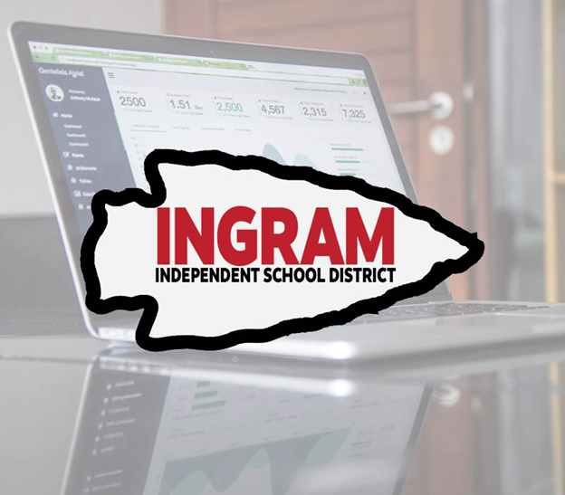 Ingram ISD Arrowhead logo layered over computer in background