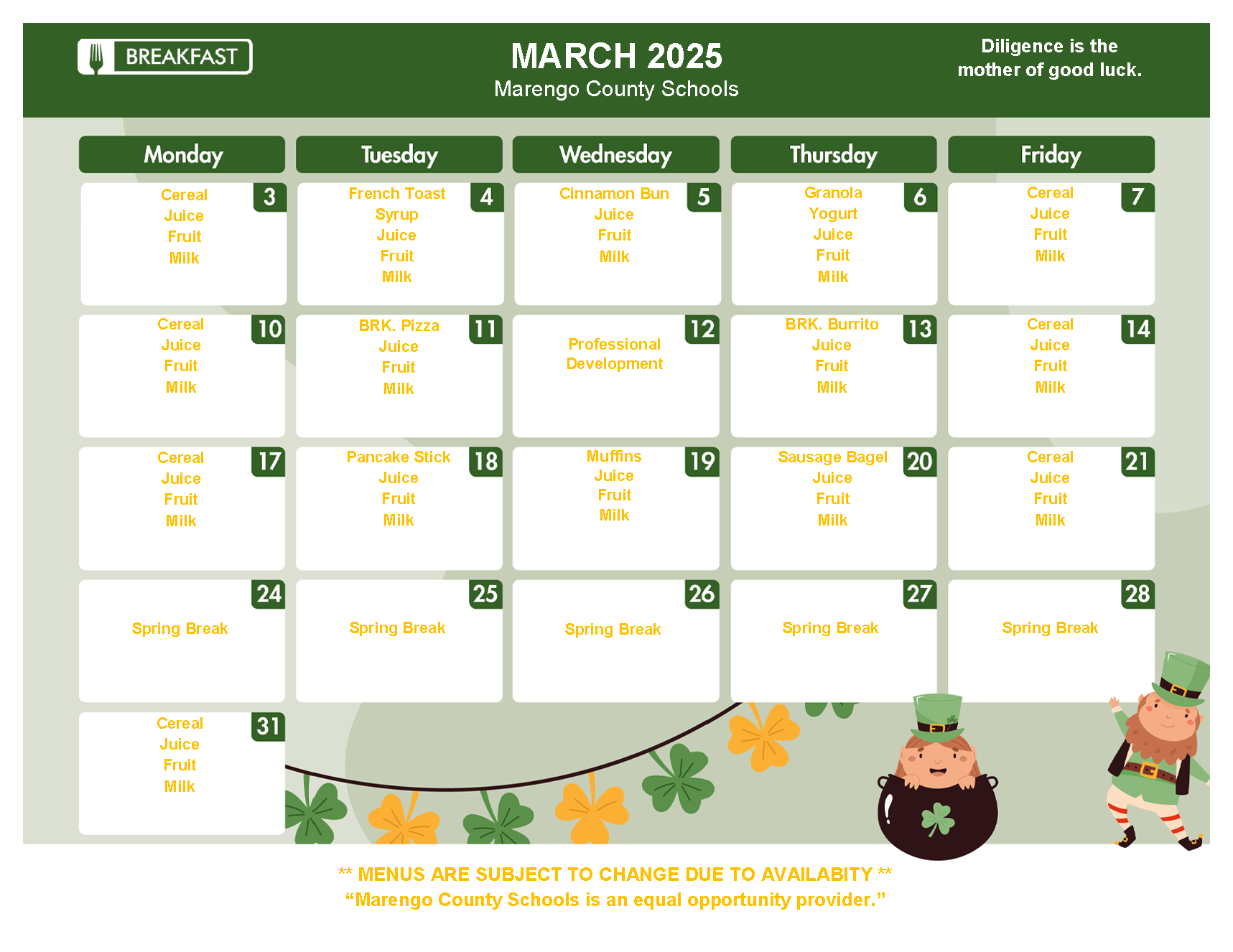 March 25 Breakfast menu