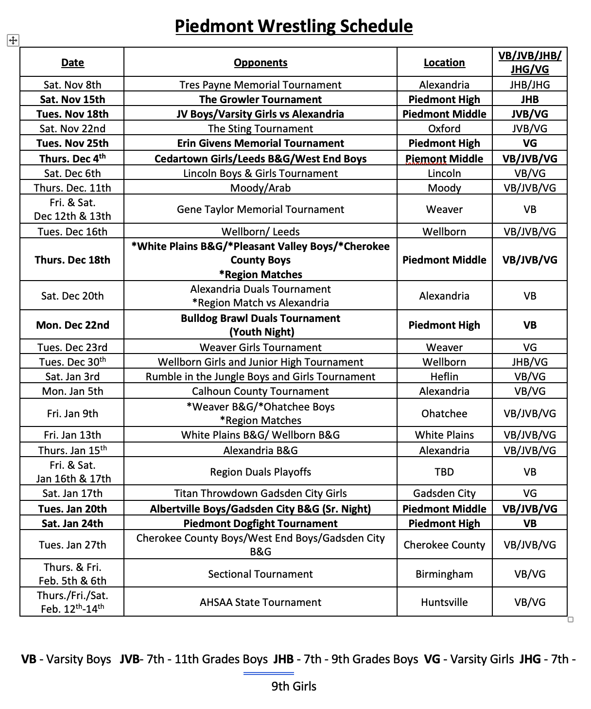 Wrestling Schedule