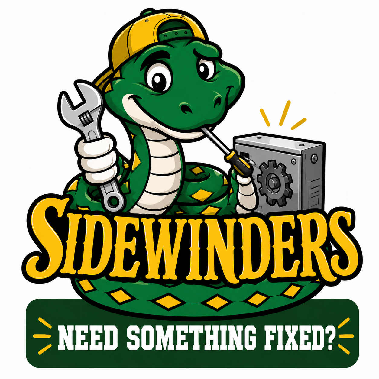 A cartoon sidewinder with a tool box, Need something fixed?
