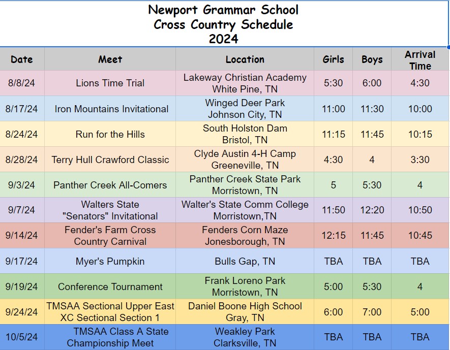 Cross Country Schedule