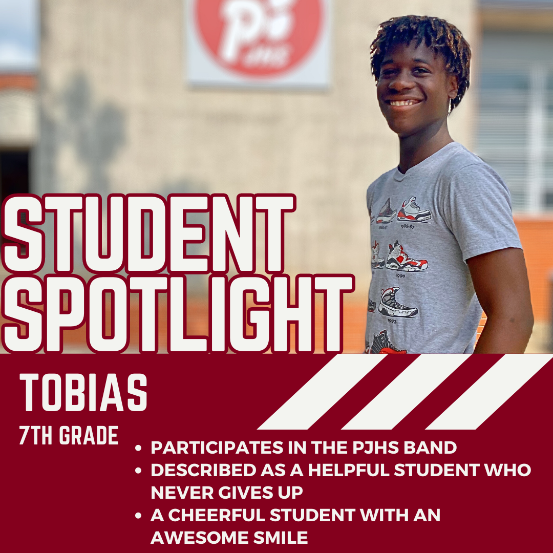 TObias standing in front of PJHS sign with STudent Spotlight