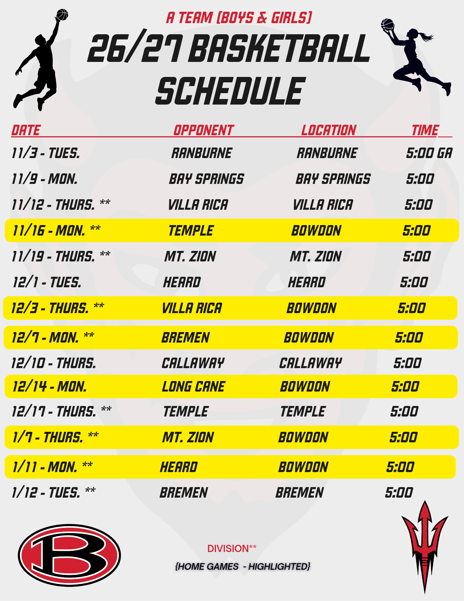 2026/2027 Girls Basketball Schedule