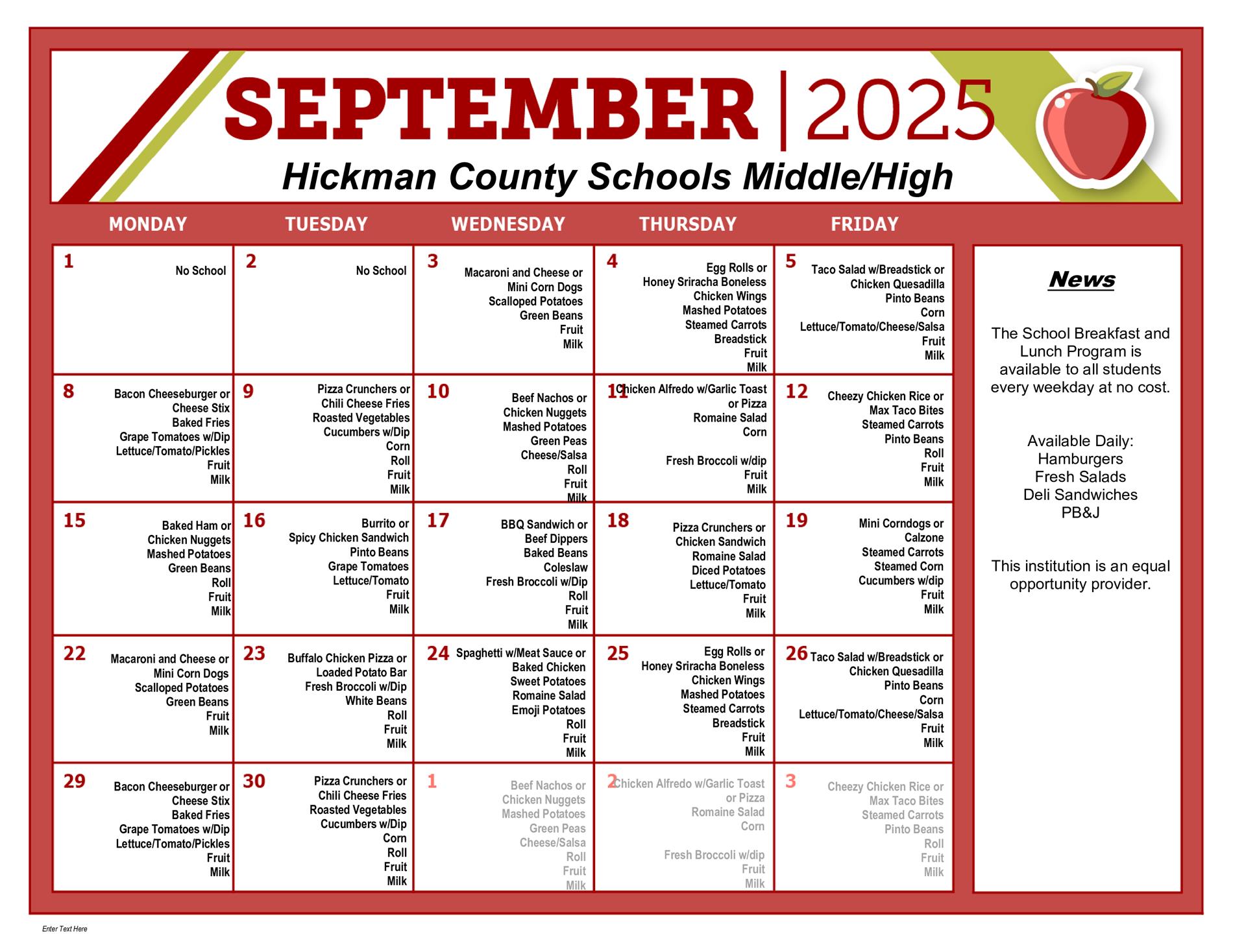 September lunch menu for the middles school and high schools