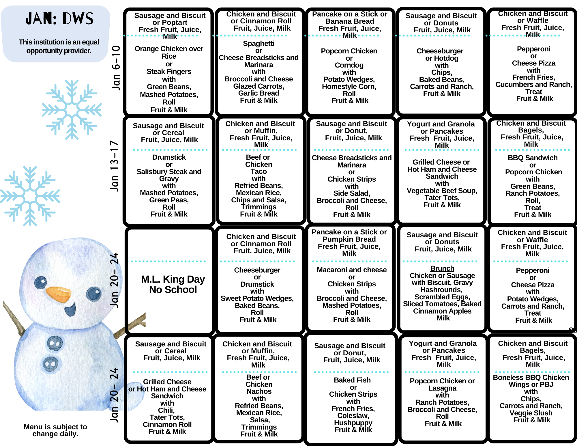 School Menu for Jan