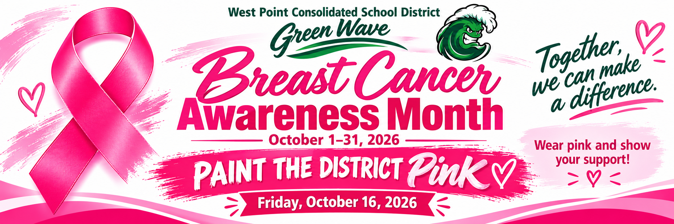 West Point Consolidated School District Breast Cancer Awareness Month flyer announcing Paint the District Pink on Friday, October 16, 2026, and encouraging staff and students to wear pink.