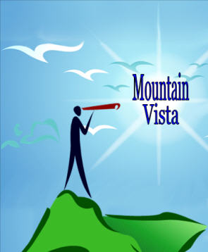 stick man looking through a telescope at words Mountain Vista