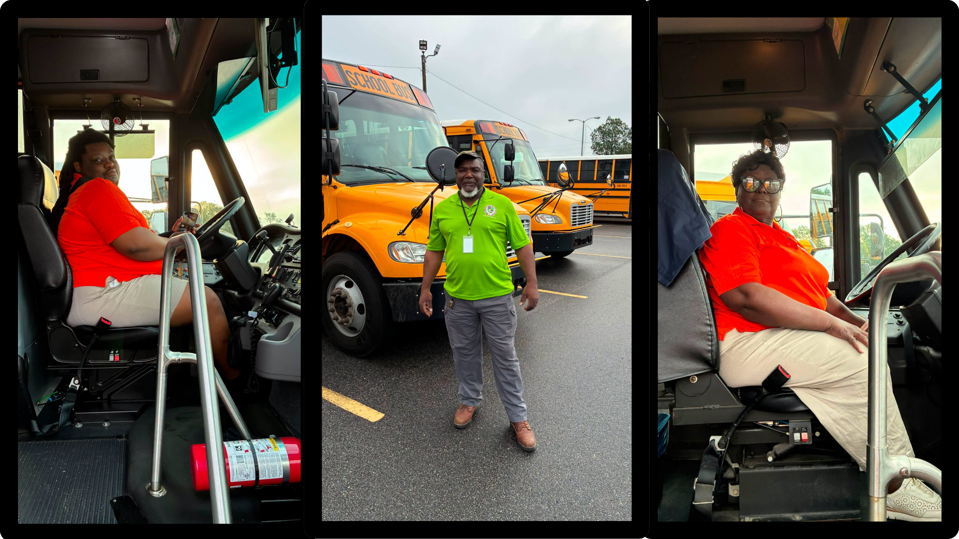 A three-photo collage highlights school bus drivers and transportation staff. Two women wearing orange polo shirts are seated in the driver’s seats of school buses, while a man in a bright green polo stands in a bus parking lot with several yellow school buses behind him.