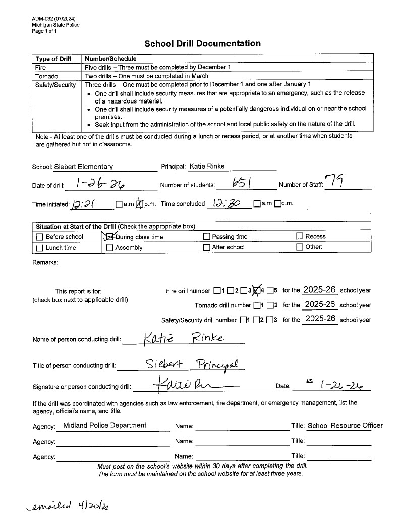 Form for Siebert Elementary's third fire drill of 2025-2026