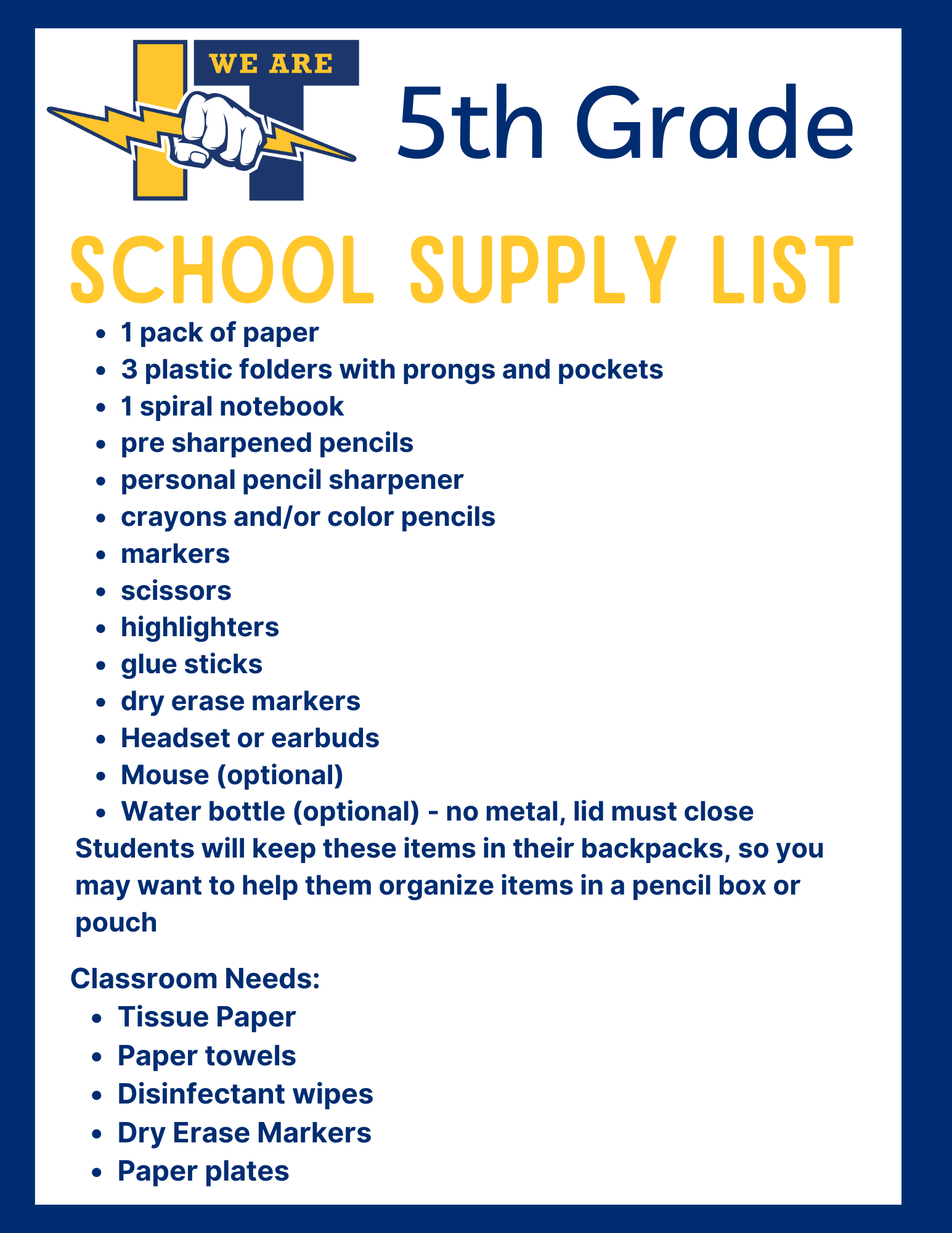 5th grade supply list 25-26