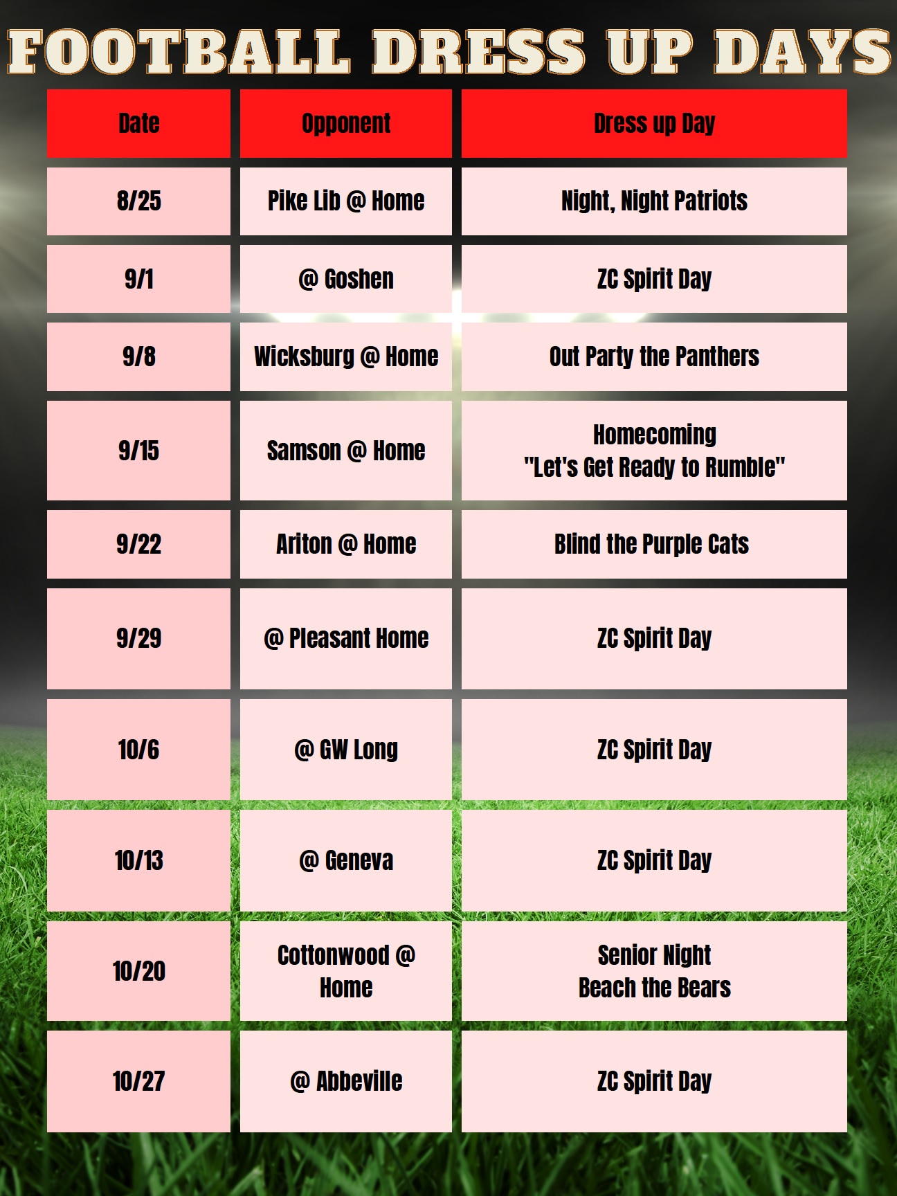 Football Dress Up Schedule 2023