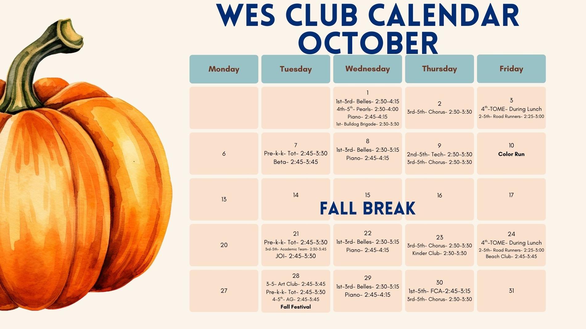 October Club Calendar