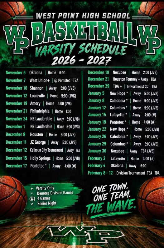 2026–2027 West Point High School Varsity basketball schedule featuring boys and girls home and away games from November through February.