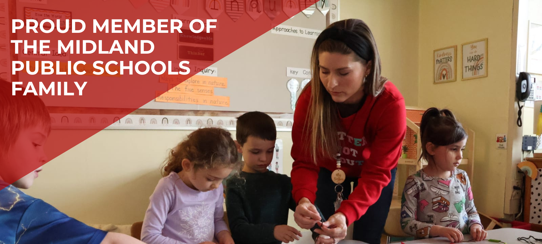 Proud member of midland public schools family over teacher and children in a classroom