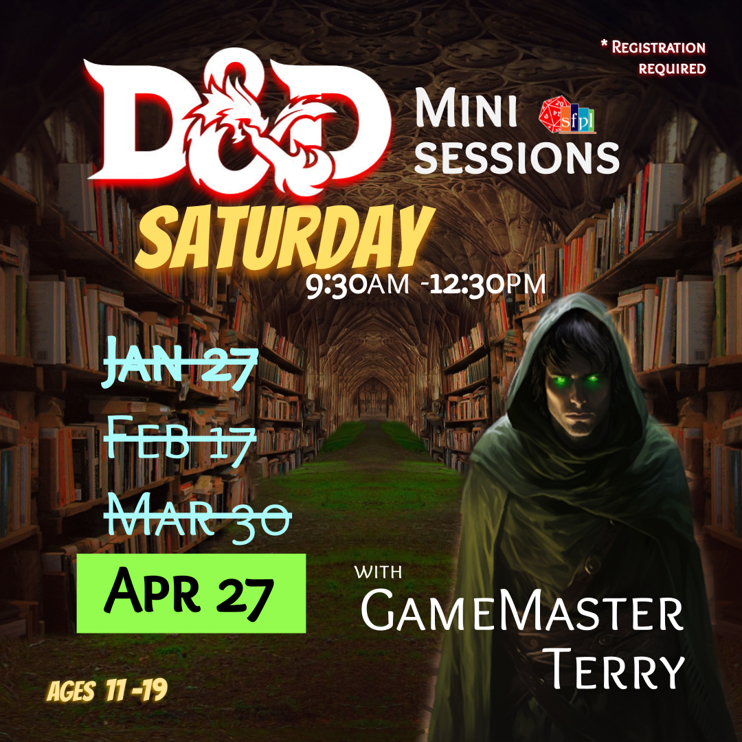 Register here to participate in a beginner-level D&D 5th Edition OneShot run by experienced GameMaster Terry Harris. This program is intended for those who want to learn more about Dungeons & Dragons and how to play team strategy based, tabletop role-playing games. The program is restricted to ages 11 - 19.