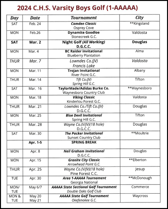 2024 CHS Varsity Boys Golf Schedule