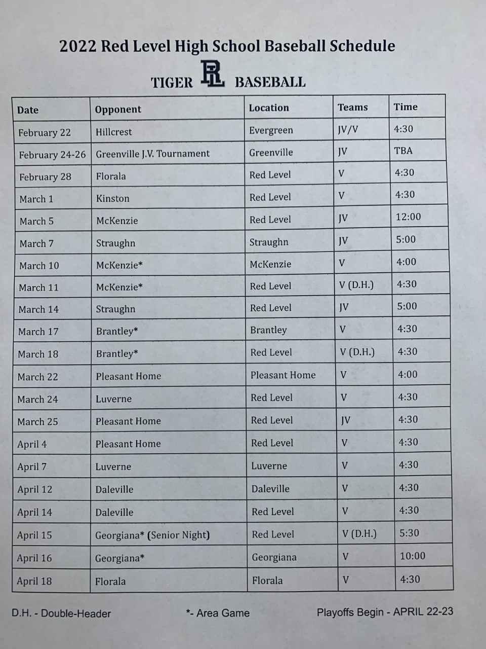 Red Level School Baseball Schedule 2022