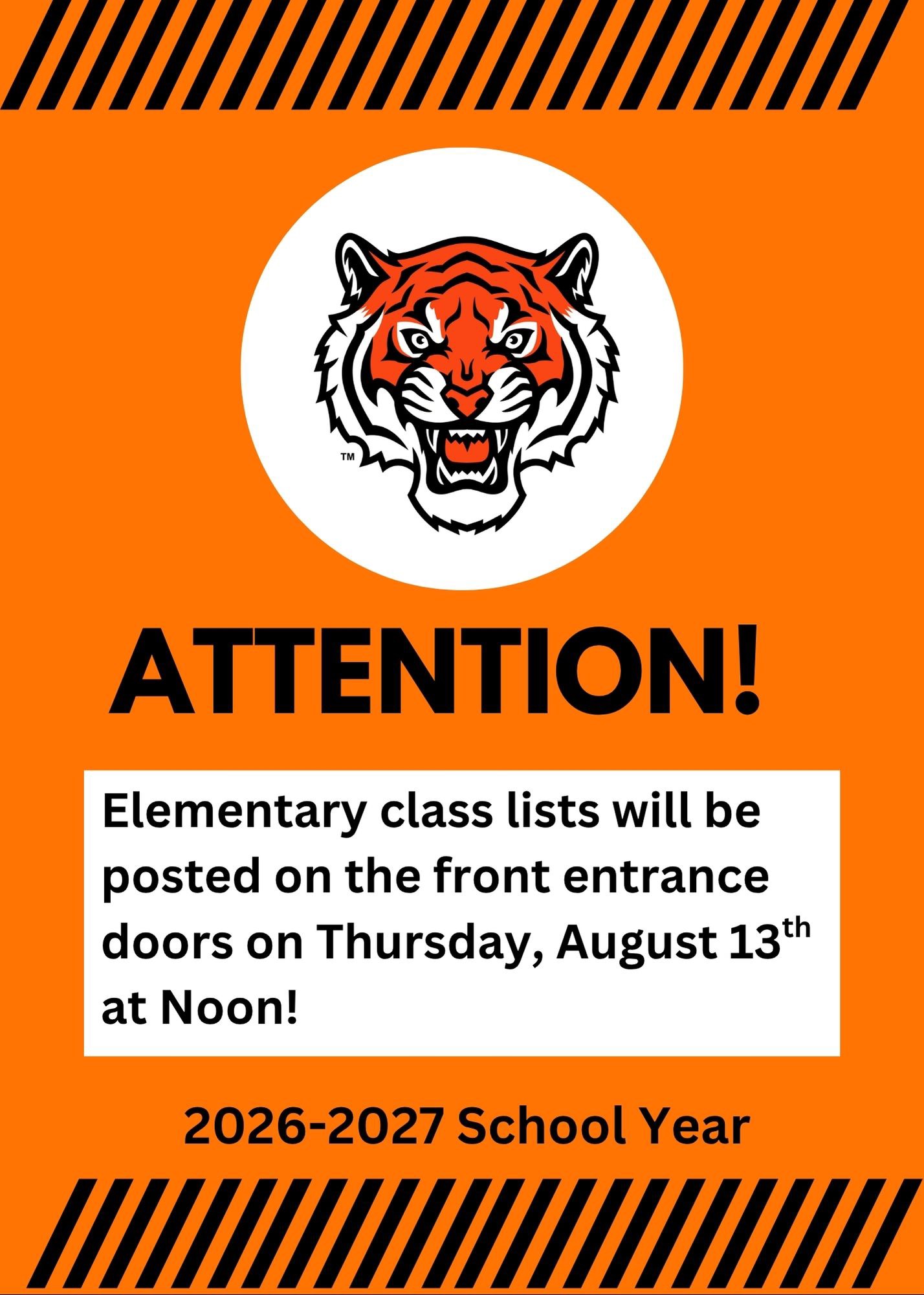 elementary class lists will be posted on teh front entrance doors on Thursday,, August 13th at noon! 