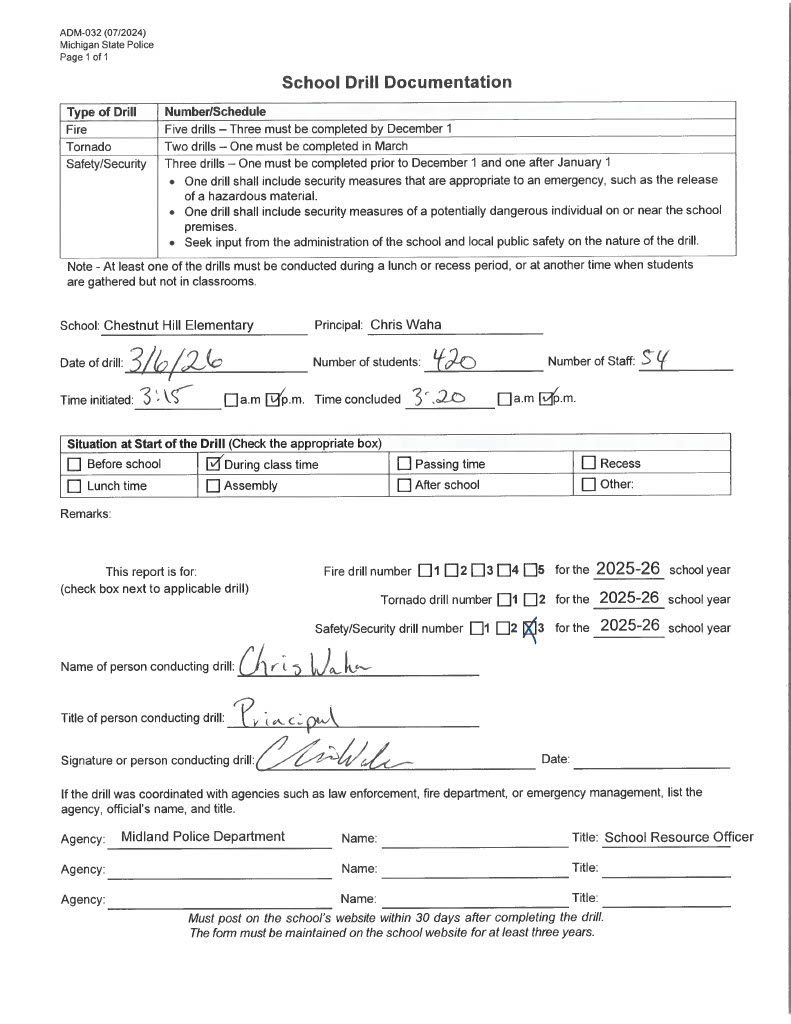 Form for Chesnut Hill Elementary's third safety drill of 2025-2026