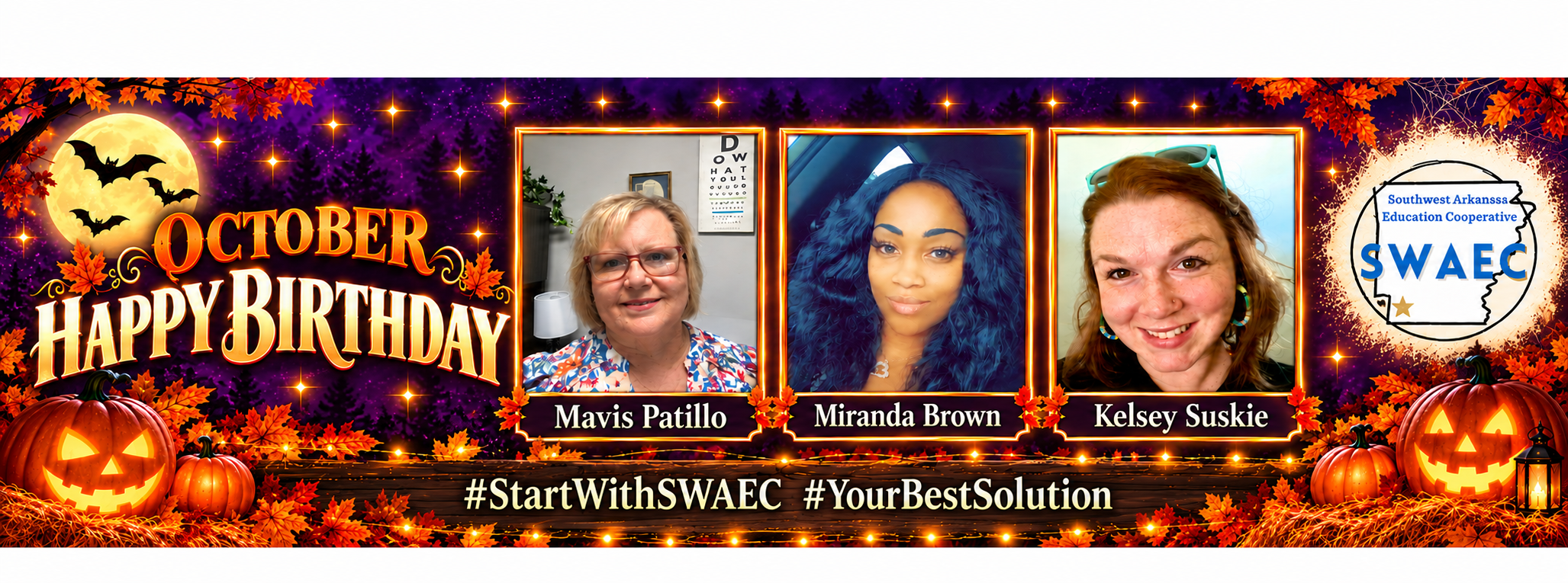 **Alt text (WCAG 2.1 AA compliant):**  Green birthday graphic reading “Happy Birthday.” Decorative shamrocks, gold coins, and a pot of gold appear around three staff photos labeled: Hannah Ward, Jenny Smead, and Jamaya Parker.
