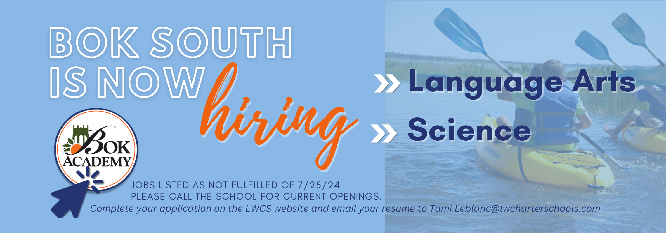 Hiring language arts and science, please call the office for more information