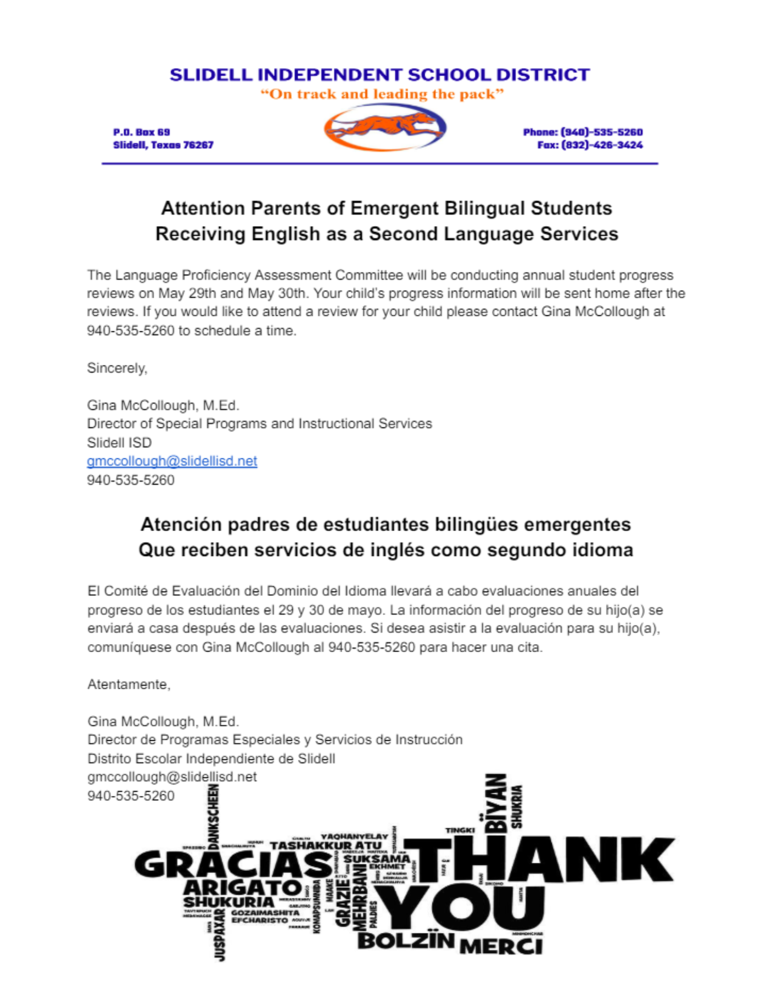 Attention Parents of Emergent Bilingual Students Receiving English as a Second Language Services