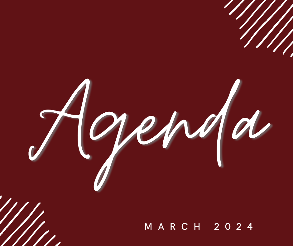 Maroon graphic with white words "Agenda" and "September 2023"