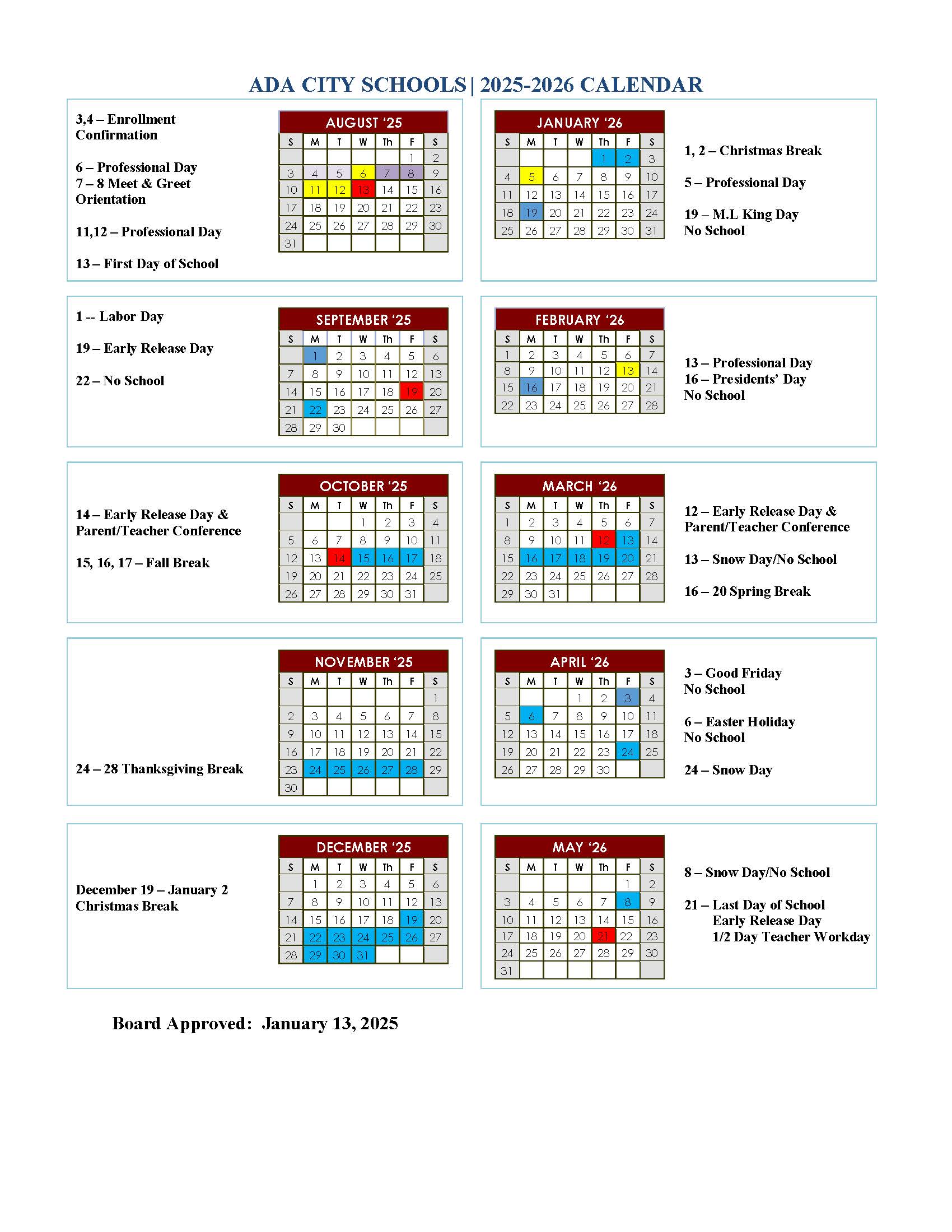 2025-2026 Academic Calendar for Ada City Schools