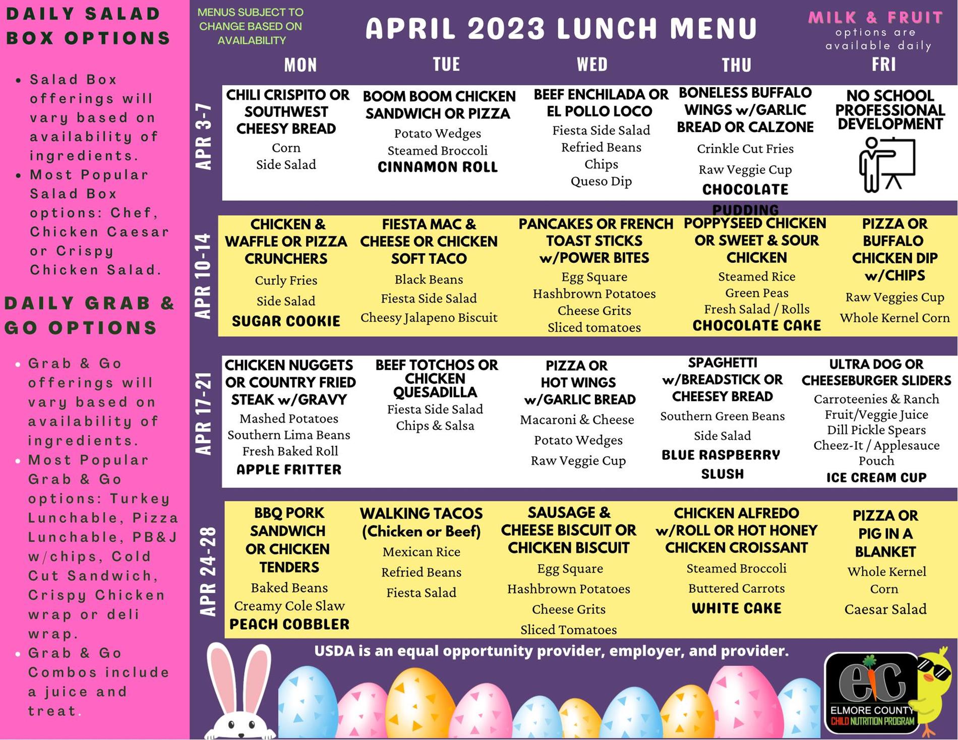 APRIL LUNCH MENU