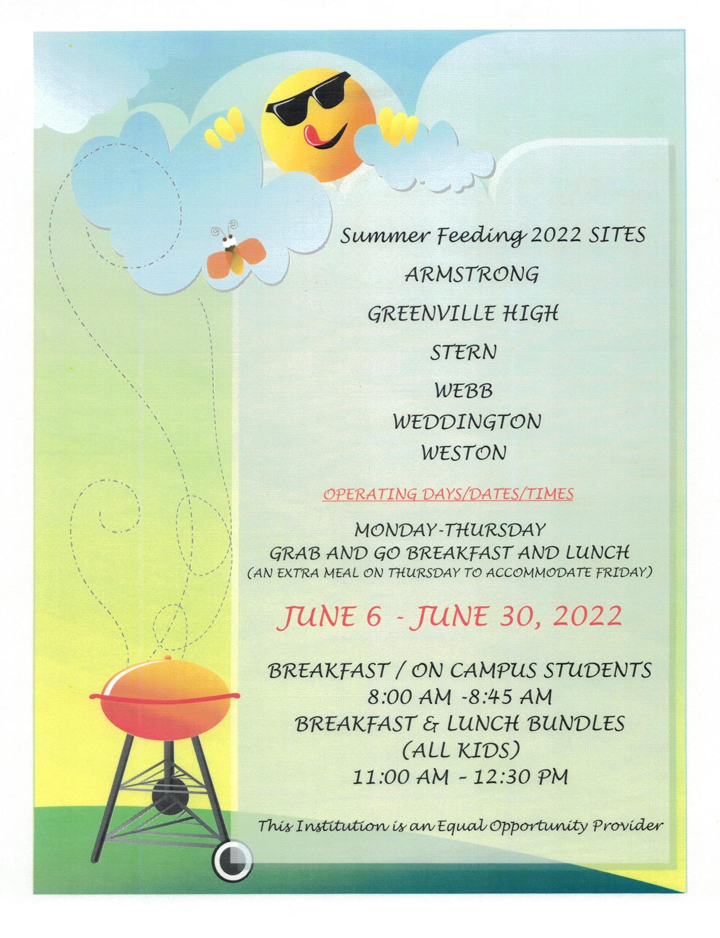 Summer Feeding  June 6th - June 30th   Monday - Thursday