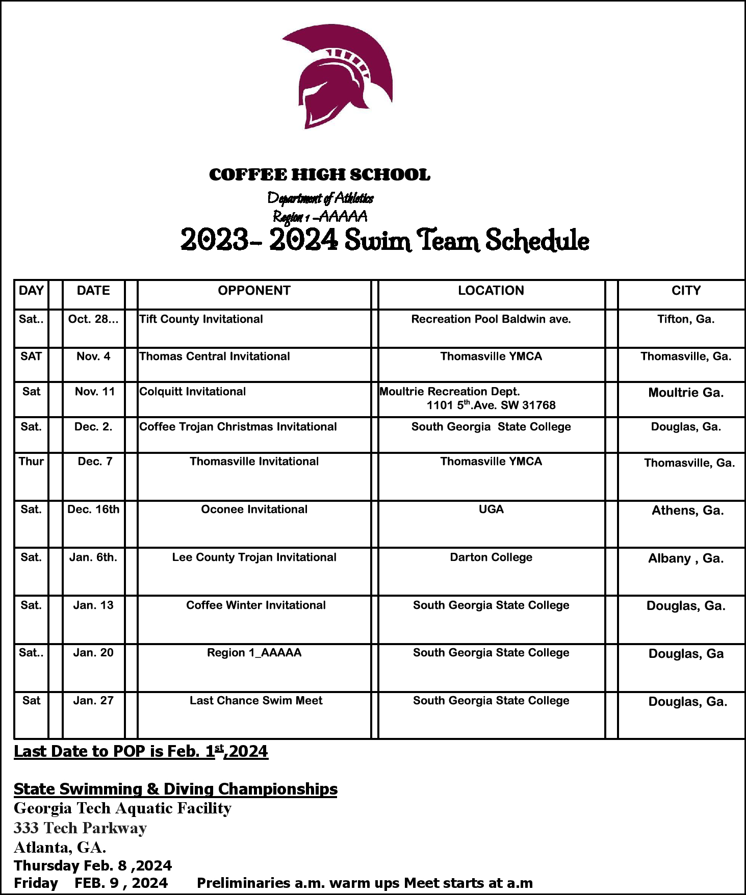 2023-2024 CHS Swim Schedule
