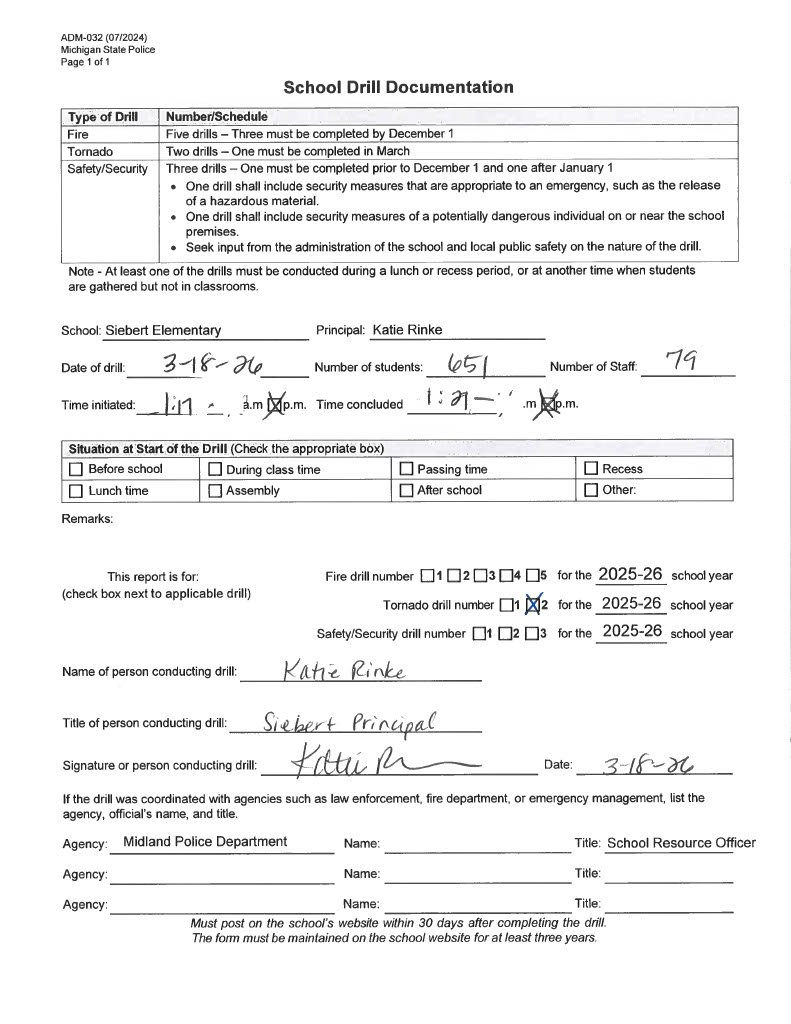 Form for Siebert Elementary's second tornado drill of 2025-2026