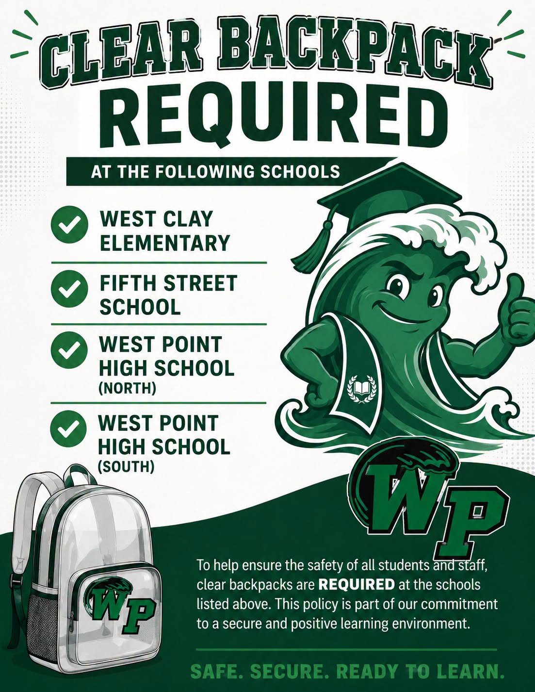 WPCSD clear backpack policy flyer listing West Clay Elementary, Fifth Street School, West Point High School North, and West Point High School South as schools where clear backpacks are required.