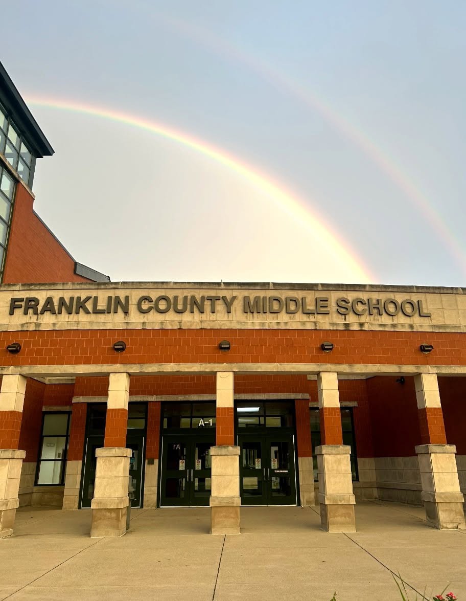 Double rainbow over Franklin County Middle School's main entrance.
