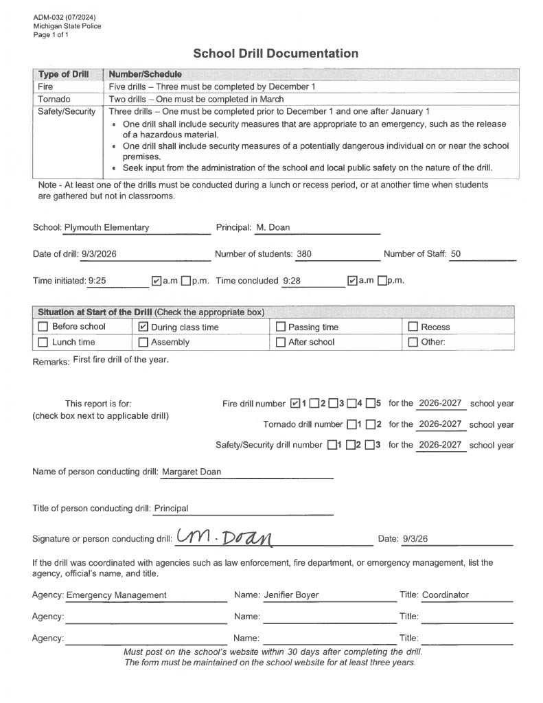 Plymouth Elementary fire drill form 2026-2027