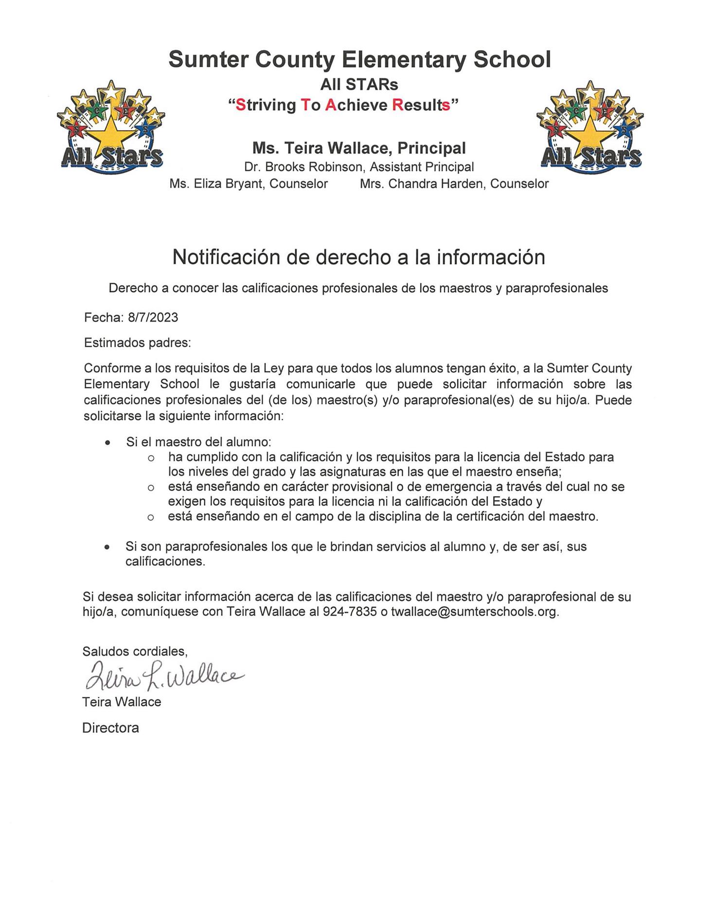 Right to Know Notification - Spanish